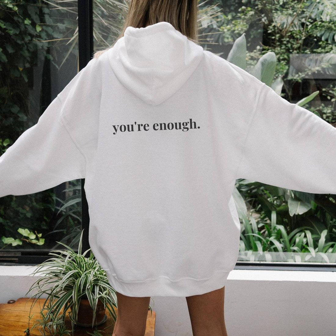 You're Enough Printed Back Casual Hooded Pocket Sweater - BERSHVIBE